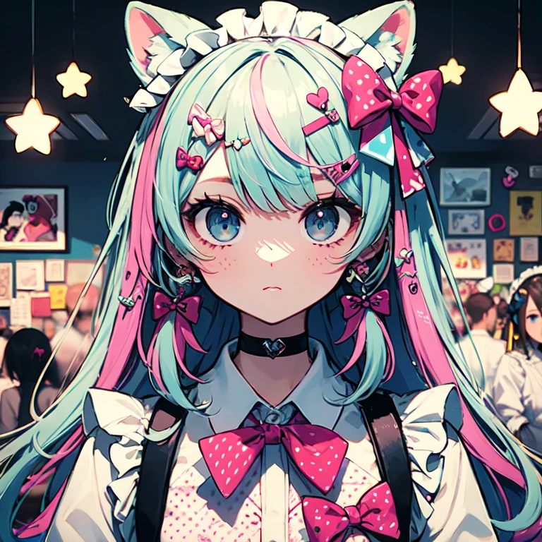 masterpiece, highest quality, Very detailed, Beautiful Shadows, Cinema Lighting, Studio Lighting, cute, cute, ((hairpin)), Big eyes, Flower pattern in pupil, Well-shaped pupils , cute polka dot pattern on bows, Plaid, Pale pink hair，Powder blue eyes，Wearing pink and blue maid clothes，Pure white cute girl,whole body, Full Shot, Retro, Valletta, Decora, Lots of accessories