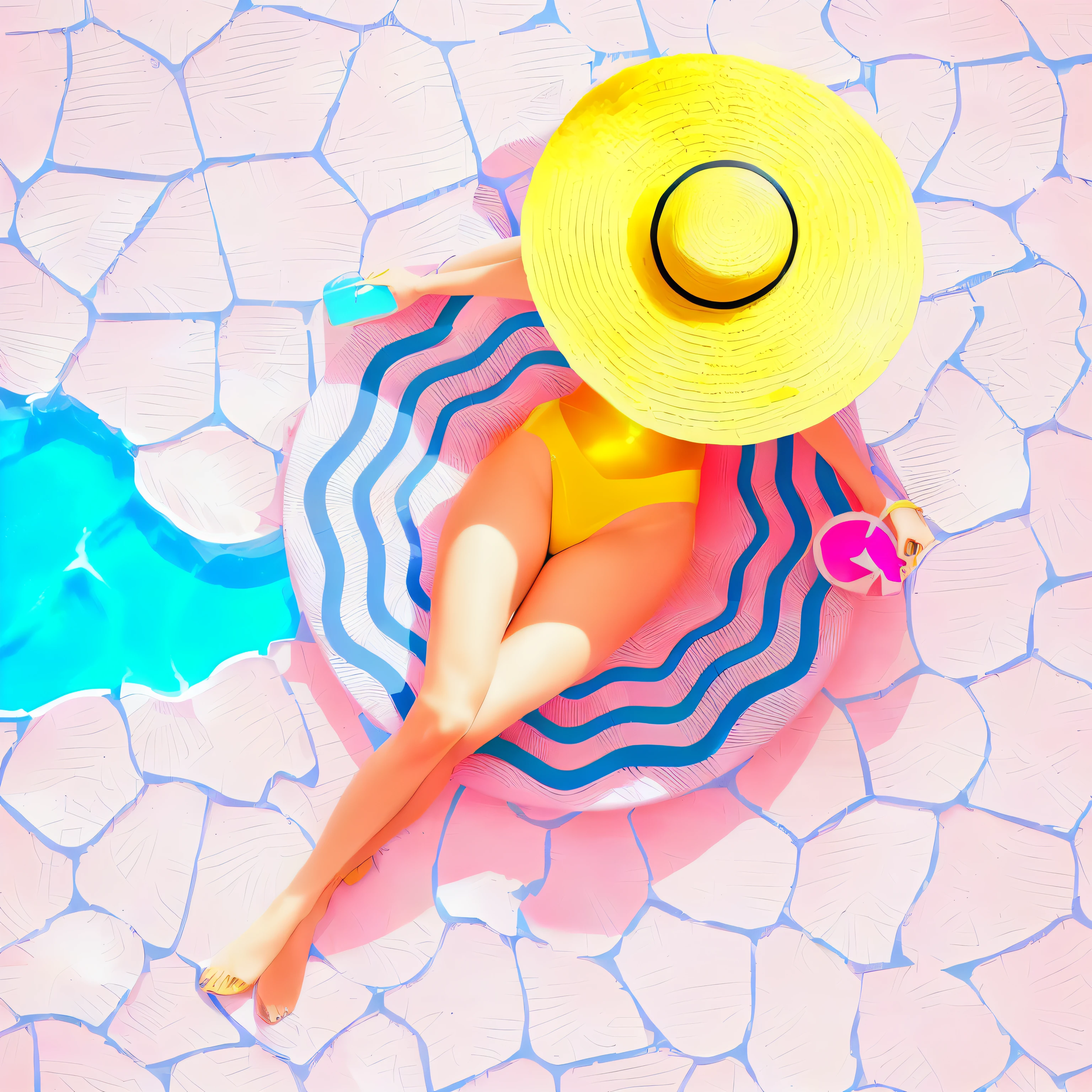 a woman in a yellow hat is laying on a pink and white striped pool float, sunbathing. illustration, on a sunny day, in a swimming pool, summer time, female floating, summer swimming party, flat illustration, poolside, with straw hat, summer vibes, in a luxurious pool, flat vector graphic, pool , flat vector art, sitting in the pool