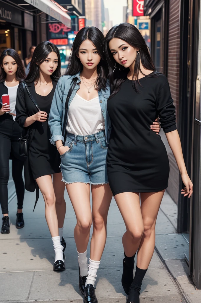 (Masterpiece, best quality, rich detail, realism: 1.3),full body, detailed face,makeup,((3girl)),they don't have the same color, random hairstyle,flirting with camera,she is taking pose like a model,sexy and short outfit,black sock, on street, NEW YORK CITY,