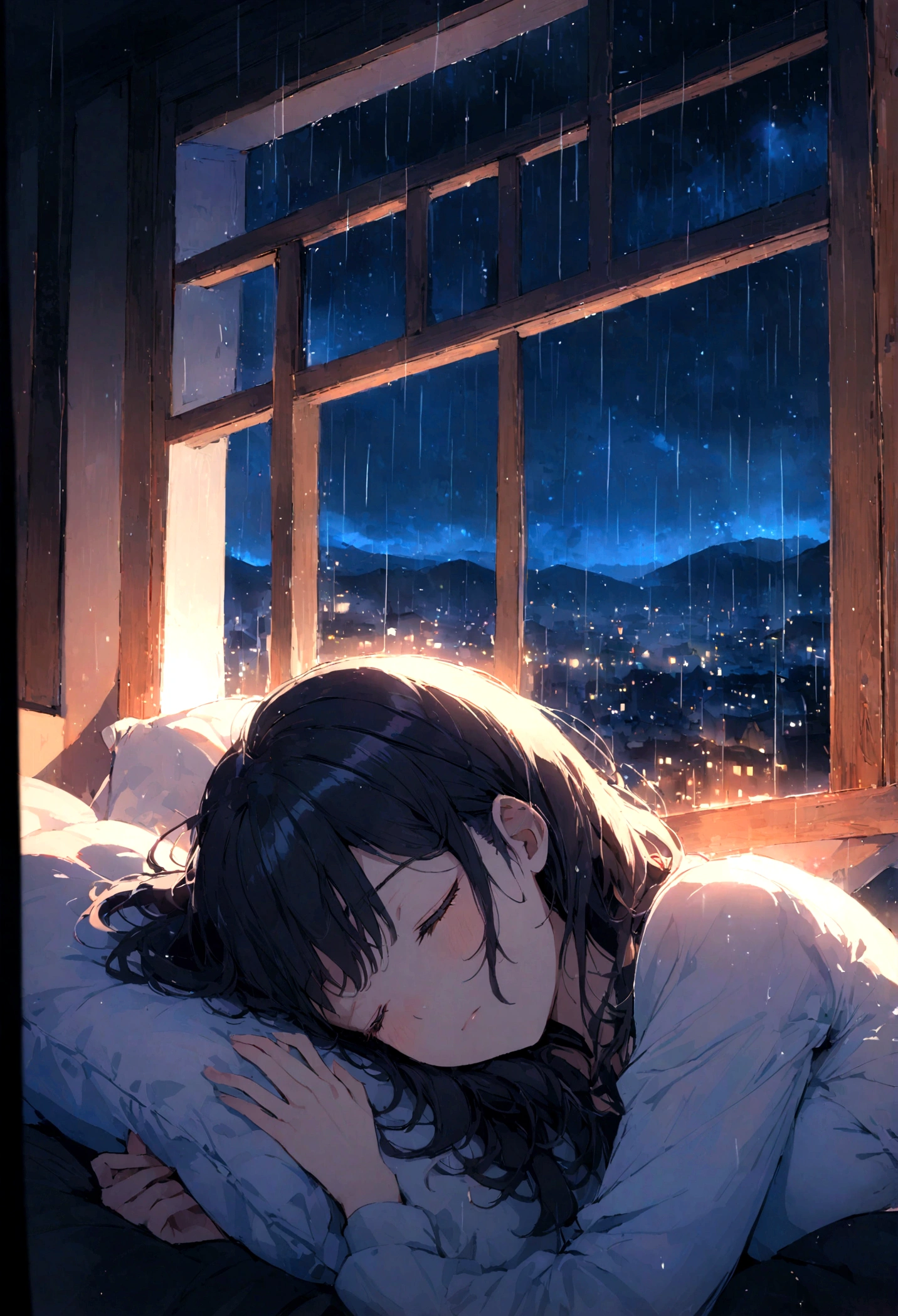 Beautiful woman sleeping on a pillow ,A window with a beautiful view, Rainy night sky