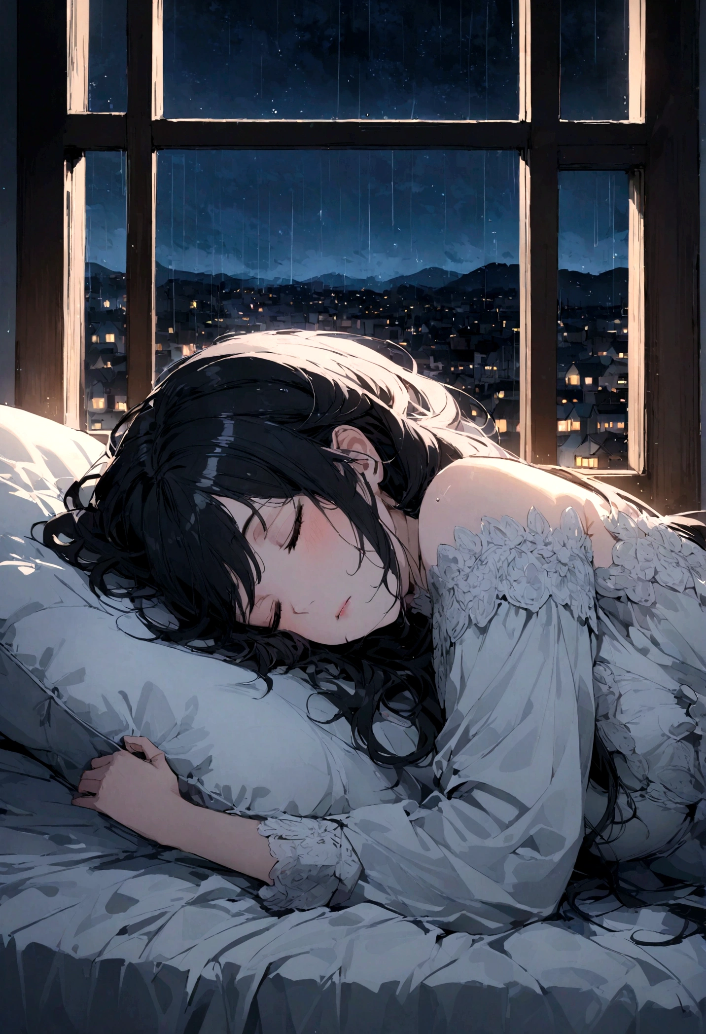 Beautiful woman sleeping on a pillow ,A window with a beautiful view, Rainy night sky