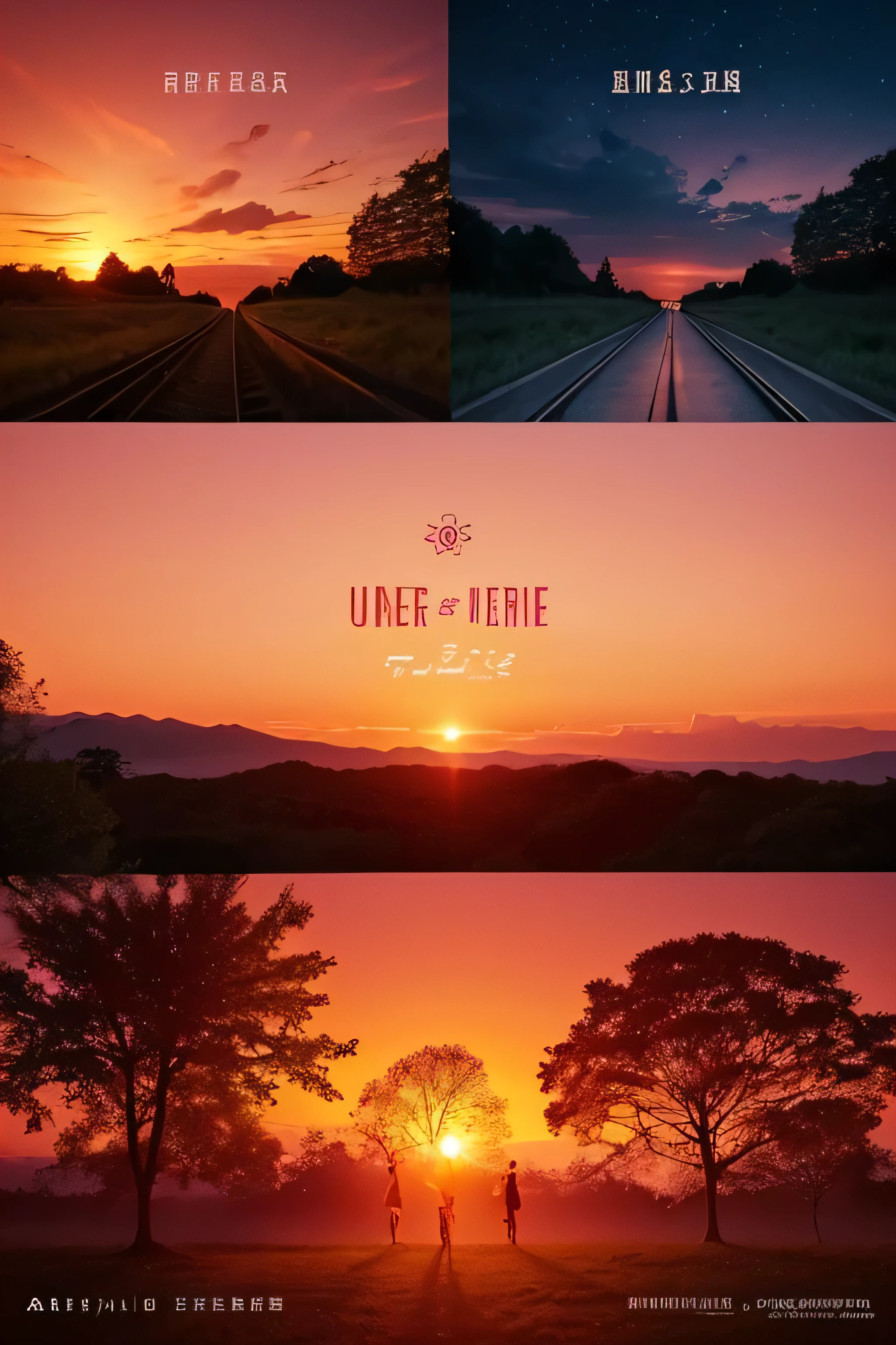 Create an album cover design。The title of the song is「Under The Sun」is。Express the romantic atmosphere of the sunset。Orange and pink sky、The Sunset Sun、Please include silhouettes of trees, people, etc.。Make your design emotional and beautiful。
