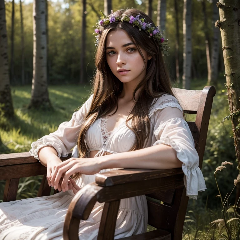 Masterpiece, Illustrate a scene featuring a young and enchanting girl seated in a rocking chair on a terrace, long brown hair, light hazel eyes, hi detailed face, ultra realistic face, ultra detailes eyes, 18 years old. The setting is a weathered wooden house adorned with clusters of dried grass, nestled on the tranquil banks of a river. Tall birch trees, vibrant flowers, and the mesmerizing touch of witchcore aesthetics complete this captivating tableau, 16K, ultra high res.photorealistic, HDR, UHD, DSLR, RAW, cinematic lighting
