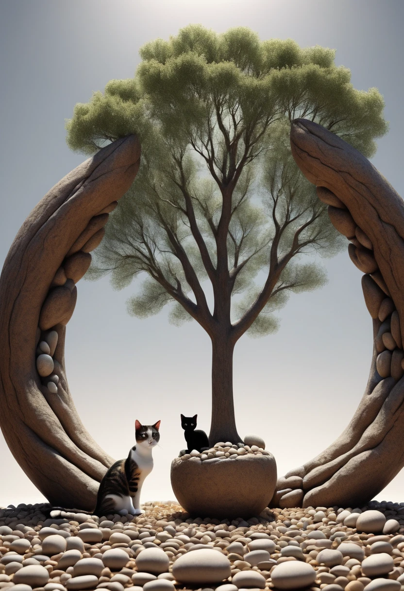 tree and cat, liminal portal pebbles form, 3d