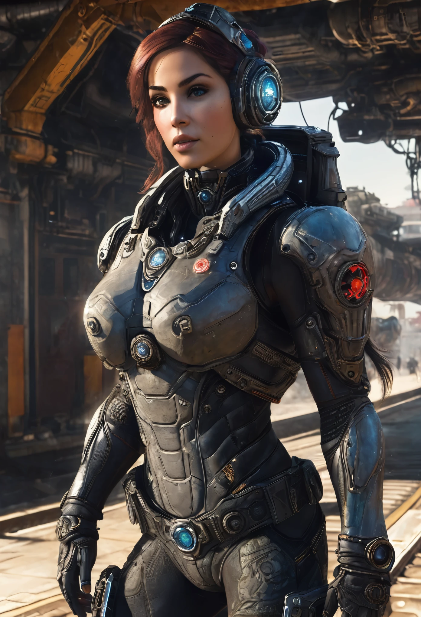 cuerpo completo, mujer alienigena extraterrestre, considerada como una de las razas mas bellas de la galaxia, con una cara, ojos y labios sensuales, vestida con uniforme sexy de gears of war, se encuentra en centro de control de estacion espacial. hiperrealista, imagen nitida, 8k.