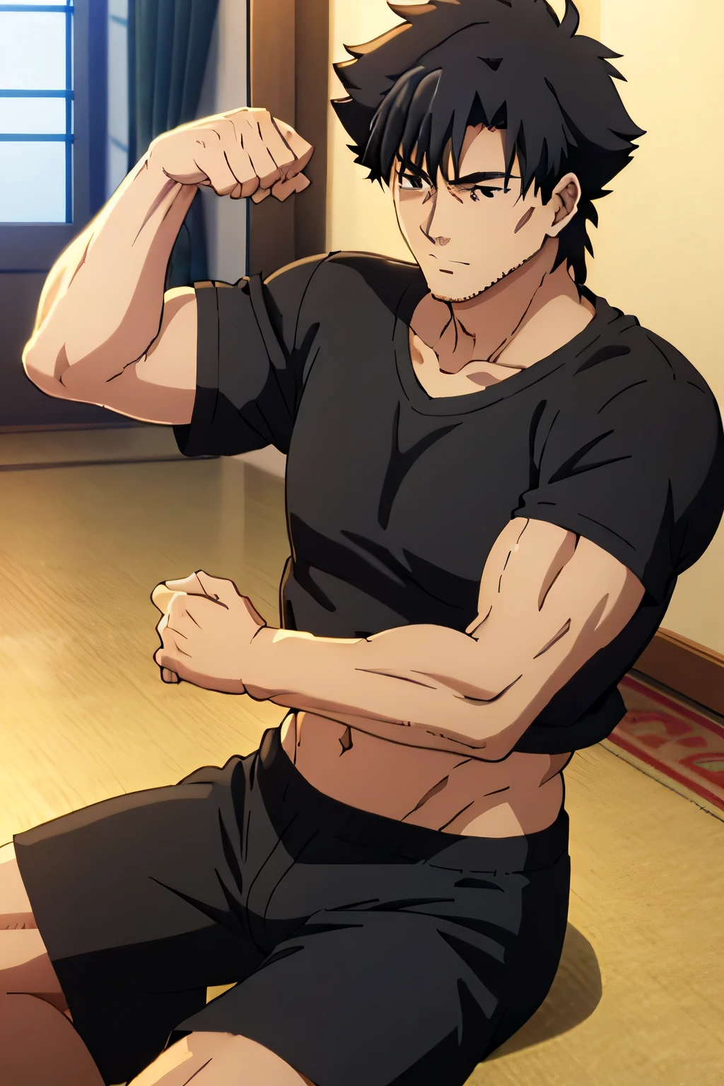 Kiritsugu is sitting and flexing his biceps and abs. He wears black short boxershorts. You can see his thighs. He wears a black tshirt with short sleeves. His right sleeve is completely rolled up so you can see his entire arm and shoulder. He is showing his abs too.
