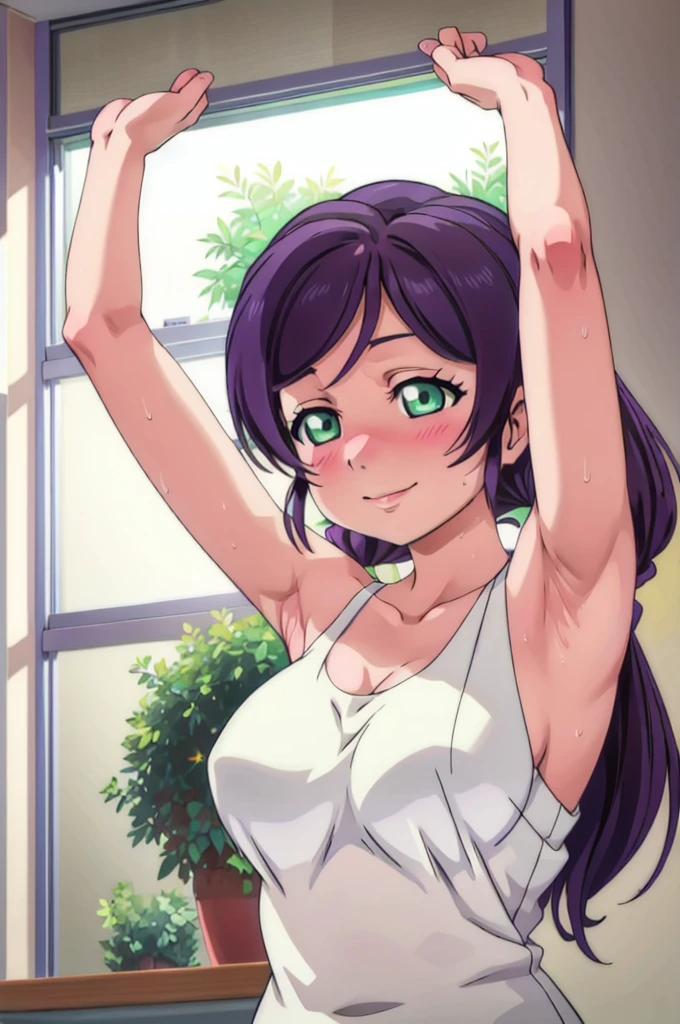 nozomi toujou,1girl,solo,purple tanktop,sleeveless,large breasts,heavy blush,(green eyes:1.2),((arms up)), detailed armpits, sweat, sweaty, no bra, smile