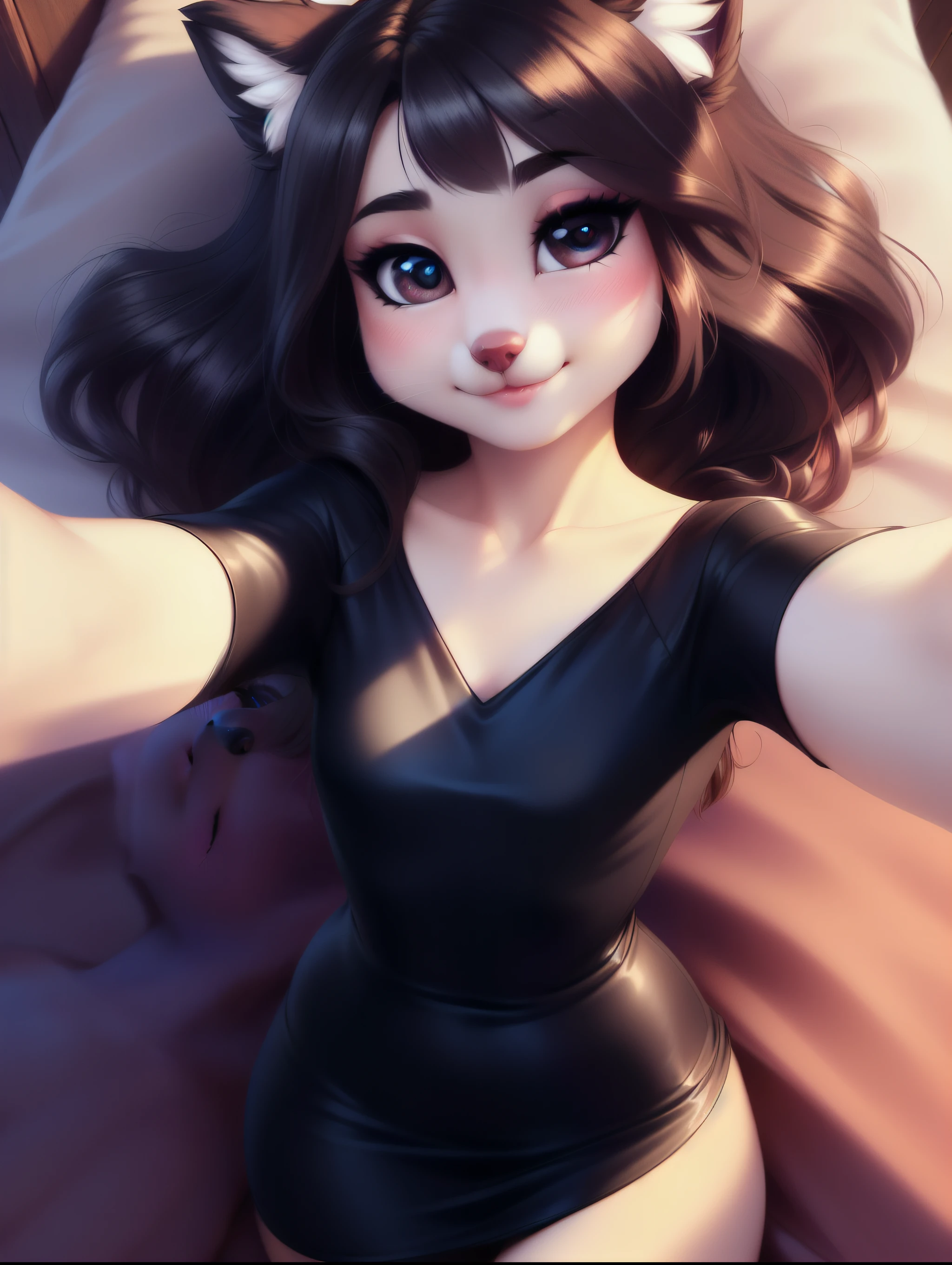 beautiful and detailed upper body portrait , ((young 13 year old anthro domistic canine, tight black sleeved dress)), anatomically correct, Schlank, Hochgeladen E621, detailed flauschige fur, (von Fluff-Kevlar, Iskra, personalami, Pino Daeni), 1girl, adorable, bedroll , 1girl, realistic, ultra sharp image, view from above, (solo), highly detailed, first person view, masterpiece, (lying on her back), flat chest, medium length hair, dark messy hair, perfect eyes, absurd resolution, cute snout, eyelashes, (kissy face), (Kissing mouth), young girl, detailed facial features, sharp focus, selfie, ((full body 1:2)), fluffy tail, blushing, lewd,