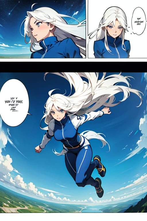 Girl with long white hair jumping mid air, manga page with panels and dialogue