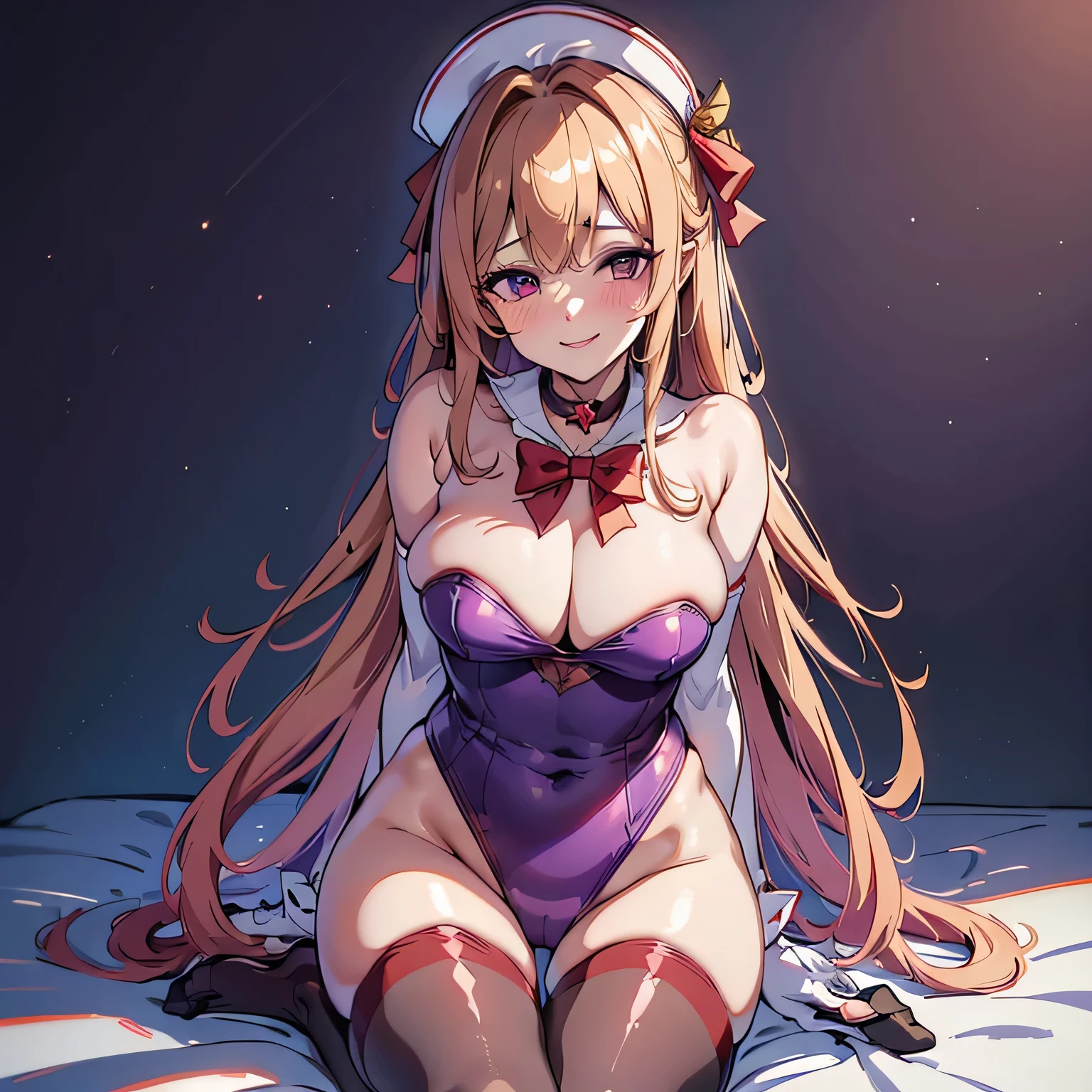 (high quality, 8k, Wallpaper 8K, Perfect quality, Very detailed) 、1 girl, , Long Hair Dark Blonde, purple silk hat、(red pantyhose),Red pantyhose、White gloves, choker A bow tie, Cape, purple Gloss leotard, Red eyes、smile, cuffs, Big Hips, Knee-high socks Long socks