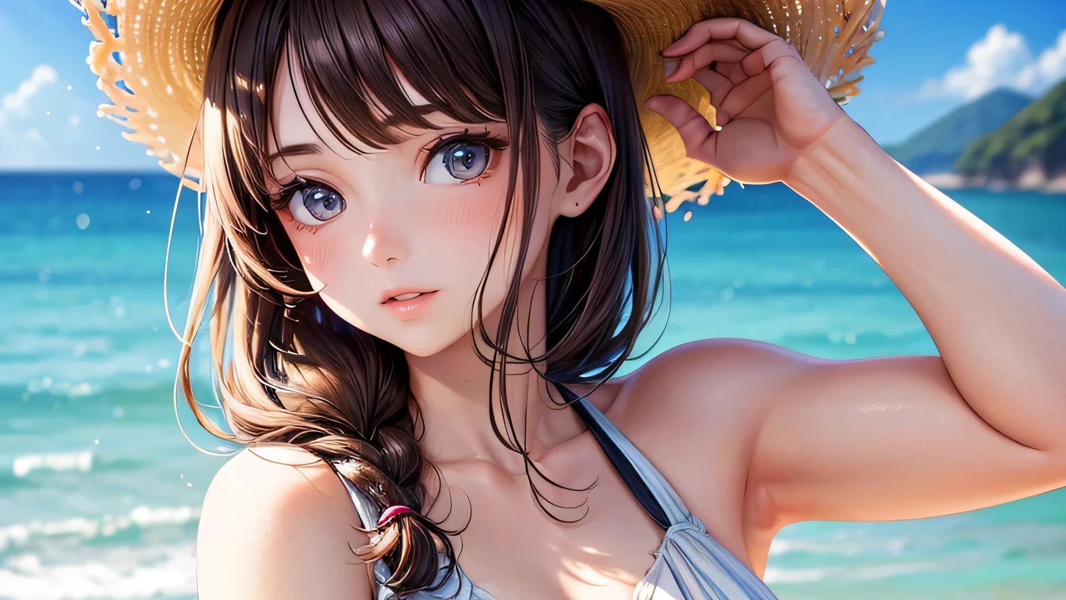 Beautiful woman 1.3, Beautiful brown hair: 1.2, , Ocean: 1.2,Ocean shore in the evening,beach: 1.1, Ultra-high resolution, Accurate, Super detailed, Textured skin, High detail, highest quality, 8k,Thin bangs,Upper Body,Well-drawn eyes, Focus on the face,Cute one piece dress,Detailed hair depiction,Detailed depiction of eyes、Detailed depiction of hair、