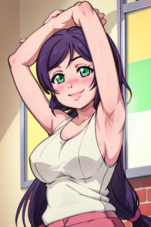 nozomi toujou,1girl,solo,purple tanktop,sleeveless,large breasts,heavy blush,(green eyes:1.2),((arms up)), detailed armpits, sweat, sweaty, smile