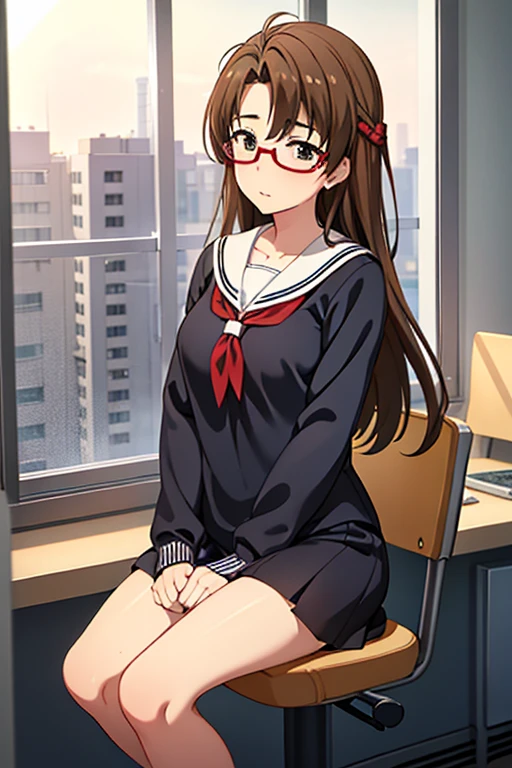 A young woman, 18 years old, with long brown hair, wearing a sailor uniform, sitting in a classroom (School 1.5 in the background) (Serious expression, Cold 1.5) (highest quality: 1.1) (masterpiece: 1.3) with an unparalleled masterpiece, Surreal 8K, Perfect artwork, Super detailed, highest quality, masterpiece 4K wallpaper aesthetics, masterpiece, Award-winning works, Official Art, Cinema Lighting