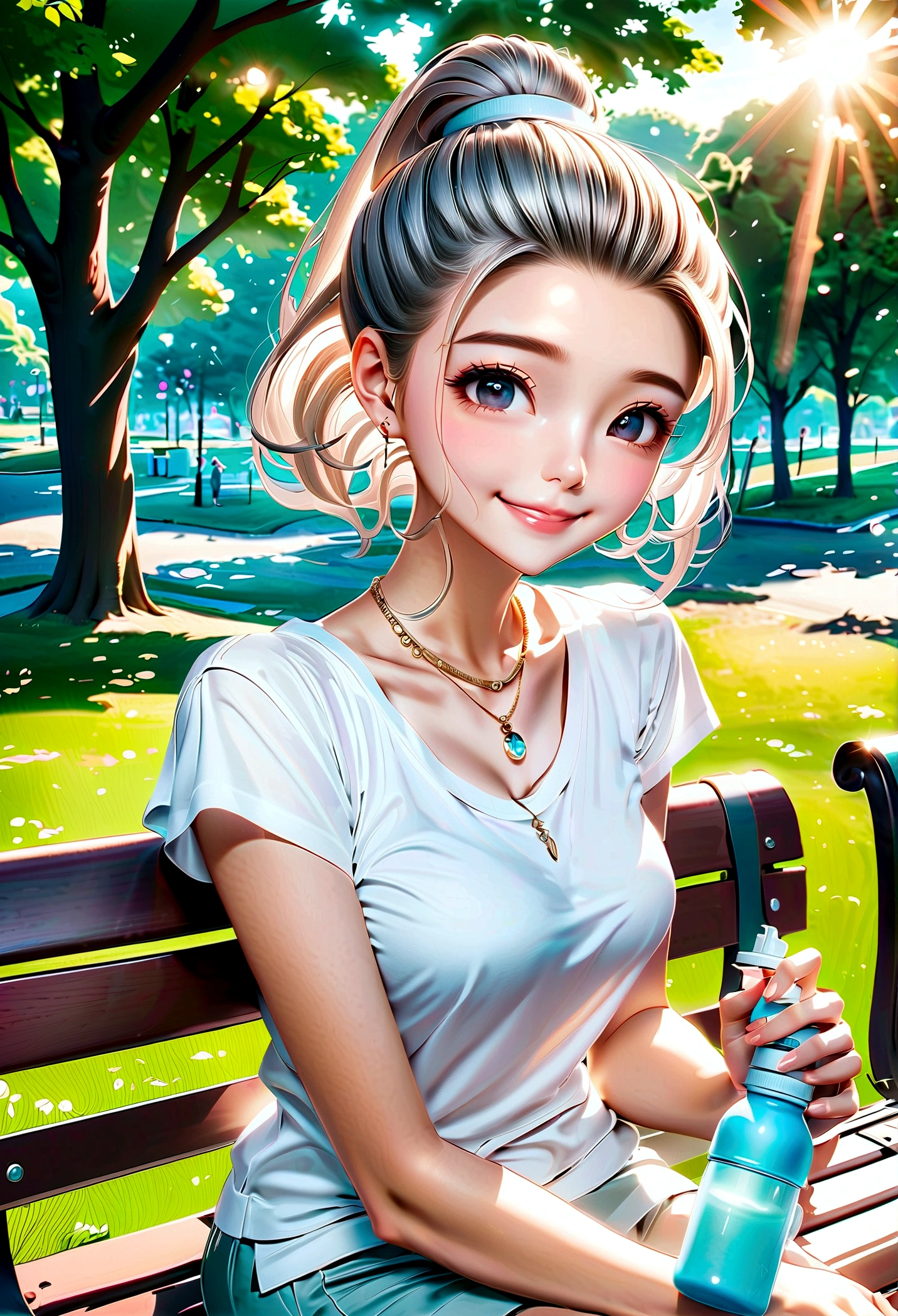 (masterpiece, highest quality), Intricate details, One girl,Long Hair、With your hair slicked back、Cute Necklace、smile、LOL、Holding a light blue water bottle in his right hand、Sitting on a park bench、The setting sun is shining