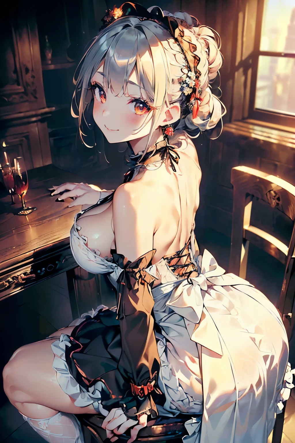 (((beautiful gothic woman:1.3)),(((Accentuate your breast),(Dynamic Angle),(Dynamic and sexy bending e:1.3),(Sit on a chair:1.3),(Shiny silver and orange inner color short hair,Big ample breasts,Clothingessy due to movement,Chest slip,(Intricately braided and beaded twisted ponytail bun,Braided Setup Fishbone Hair),(See-through bangs),Huge breasts、(((A white lacethat shows your bare skin from under your big breasts...)))、blush with et、Dreamy eyes、A smile that captivates the viewer、(Looking Back:1.7)、Peeking into the photographer,Sweaty skin,Staring at the audience,(Professional Lighting),(8k,3D Images,Tabletop,highest quality,Ultra-high resolution output images,),(Ultra HD with Intricate Detail Picture Mode),Depth of written boundary,Beautiful Hands,Beautiful fingers,Detailed characteristics of the fingers,(Detailed hair features:1.7),Detailed facial features,Detailed clothing features,Wearing long gloves。Succubus in a wedding dress and knee-high socks