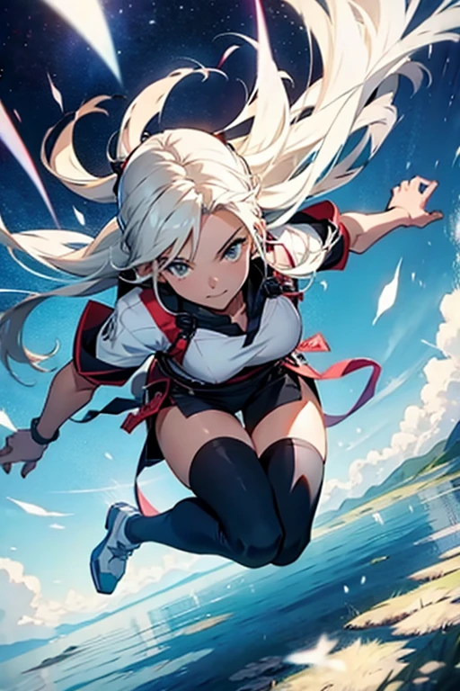 Girl with long white hair falling mid air, manga page with panels and dialogue