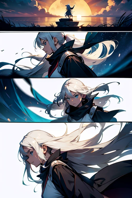 Girl with long white hair falling mid air, manga page with panels and dialogue 