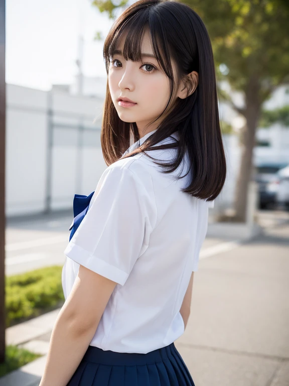 (RAW Photos:1.2), (Realistic:1.4), Beautiful detailed girl, Very detailed eyes and face, Beautiful details, Ridiculous, incredibly Ridiculous, Large file size, Very detailed, High resolution, Very detailed, highest quality, masterpiece, kemomimi, ((Japanese school girl uniform)),Short sleeve、 shape, Very detailed, CG, Unified, 8k wallpaper, wonderful, Fine details, masterpiece, highest quality, Very detailed CG uniform 8k wallpaper, Light on the face, Cinema Lighting,( One Girl),Feeling Face、(Big Ass)、(full body shot)、Red tie、Dark blue pleated skirt、(windy)、(beach)、(Ample breasts)、28 years old、very,short hair、Short sleeve、Shiny black hair、The gesture of tucking hair behind the ear