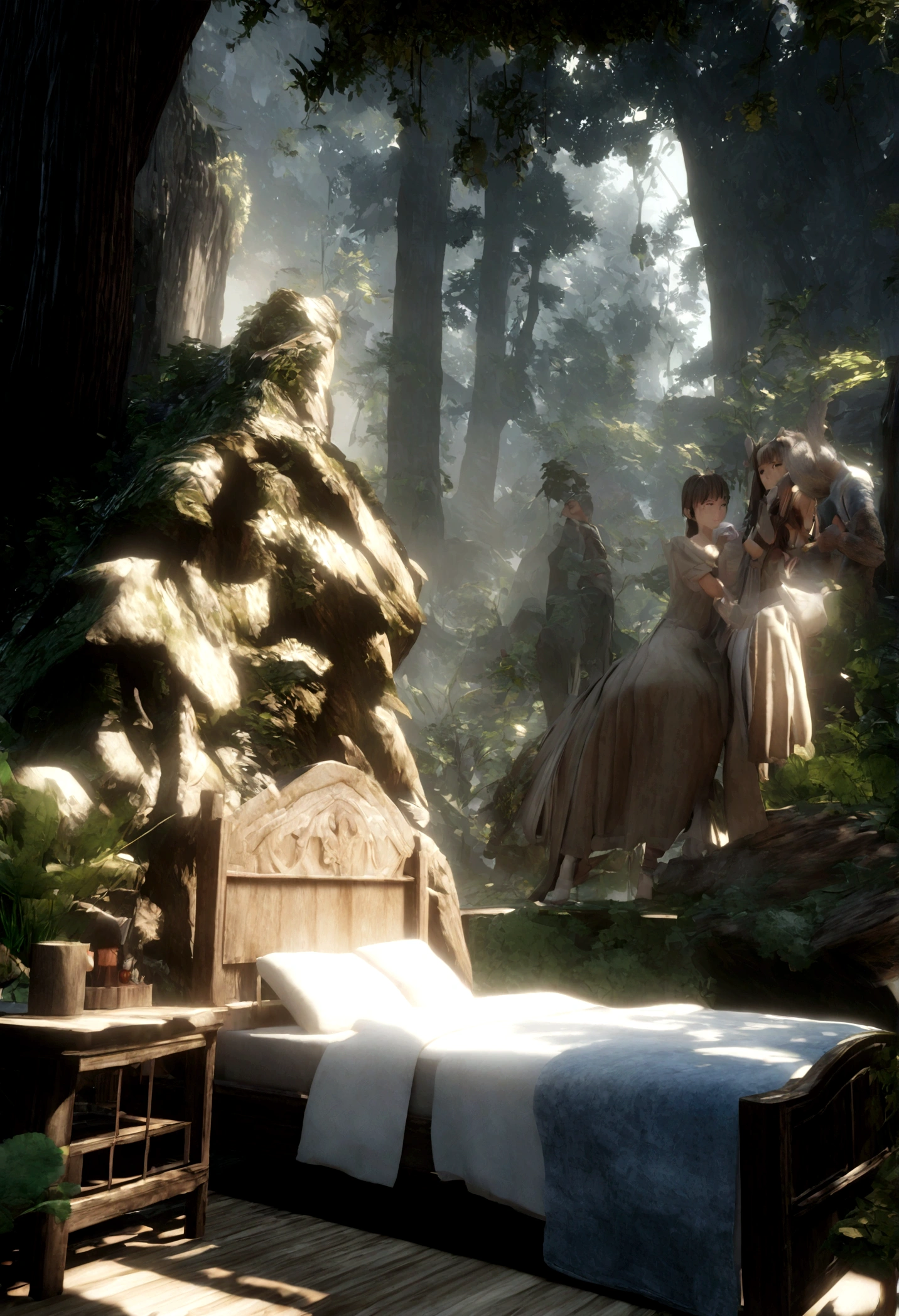 Couple, Sick girl in bed, Worried boy, in Magical Forest, 3D, anime, Artistic masterpieces