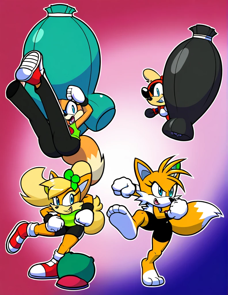 Anthro, female, fox.popvil, fox.popvil, wearing black shorts, turquoise Italy green shirt, has thick thighs, extremely detailed legs and thighs, kicking a heavy bag, kicking a punching bag, flying kick, jumping high, dynamic, barefoot, 4 toes