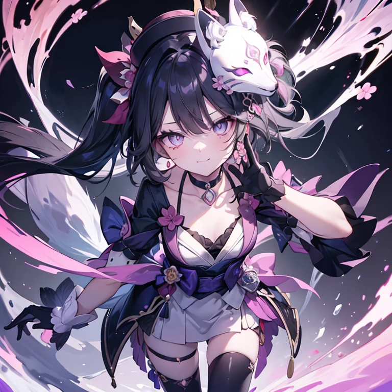 ((masterpiece,best quality)),(negative space:1.4),(1girl, solo:1.4), alleyway, dark atmosphere, a young woman who has black hair that is tied into two high pigtails with a purple tie. Her hair reaches her hips and has purple tips, fringe middle bangs, and two locks in front, with the left lock reaching her collarbone and the right lock reaches her shoulder. She has fluorescent purple eyes with a light colored butterfly detail under her pupils, beautiful detailed eyes, cocky smirk, sadistic, narcissistic, a small cherry blossom flower tattoo on her right collarbone, and tiny black dots under each of her eyes. Additionally, a white-and-black Kitsune mask is at an angle on the top of her head, which has a purple flower gem on its forehead, a dark pink suit with decorative pink cut stone accessories, a sash with a pink gem, and a unique hat adorned with her emblem. She wears gloves, white pants with black bands, and dark-heeled shoes.