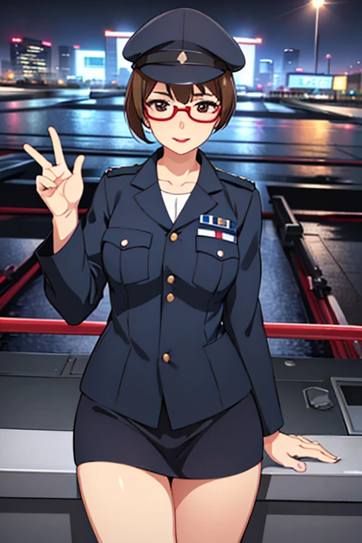 alone, (Police uniform, Female police officer), stockings, City lights, (Looking at the audience: 1.3), Release your lips, Red lips, Shiny skin, Skin dents, highest quality, Ultra-high resolution, (realism: 1.4),  