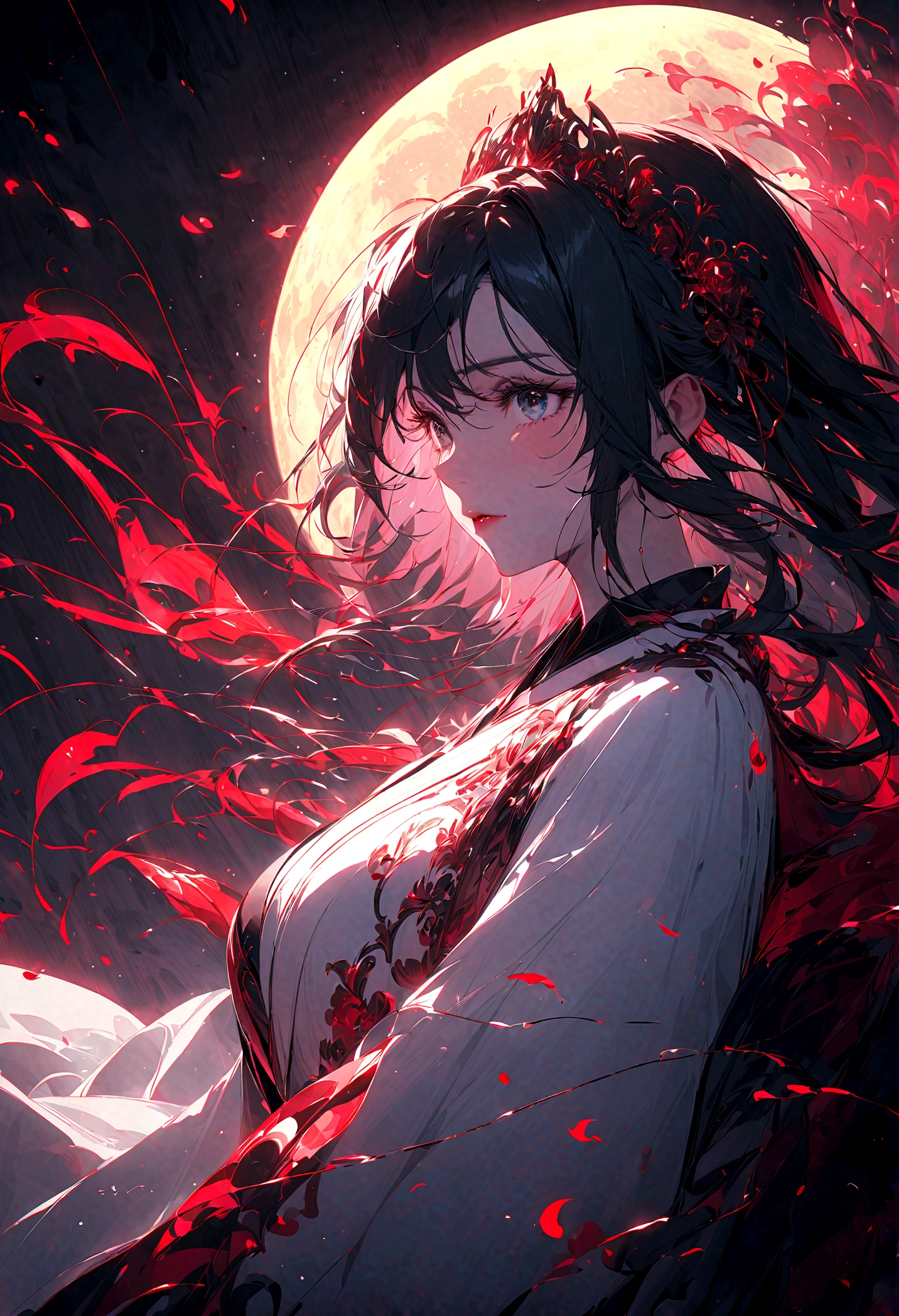 Two ceremonies，woman，White Kimono，Swinging the sword sideways，Moonlit Night，Huge Moon，Firm and gentle eyes