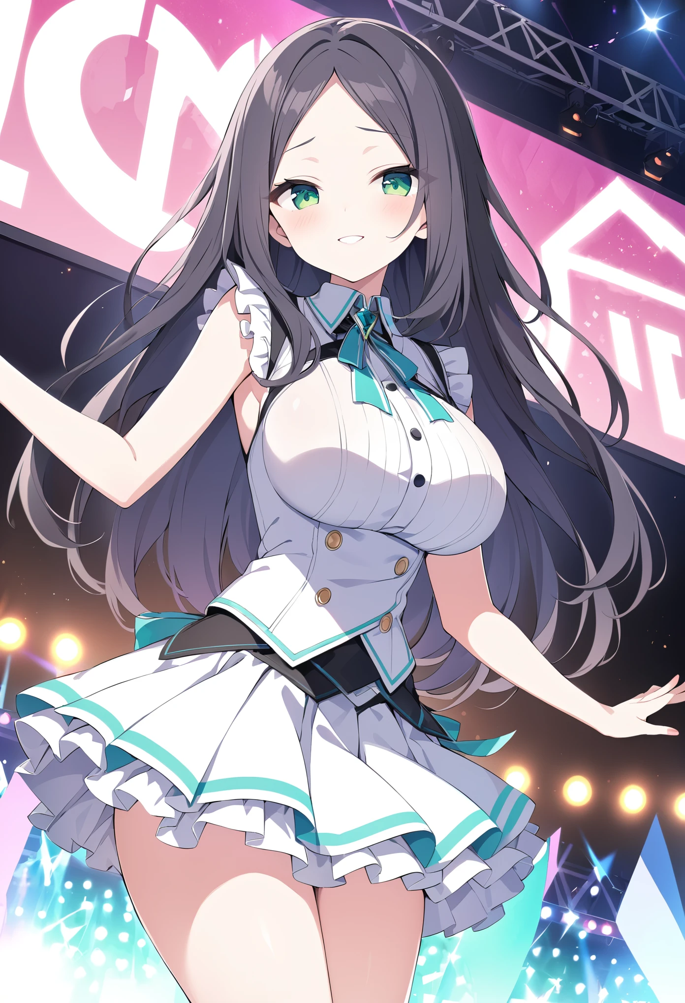 long hair, black hair, green eyes,, 16years old,, large breasts, live stage, solo,