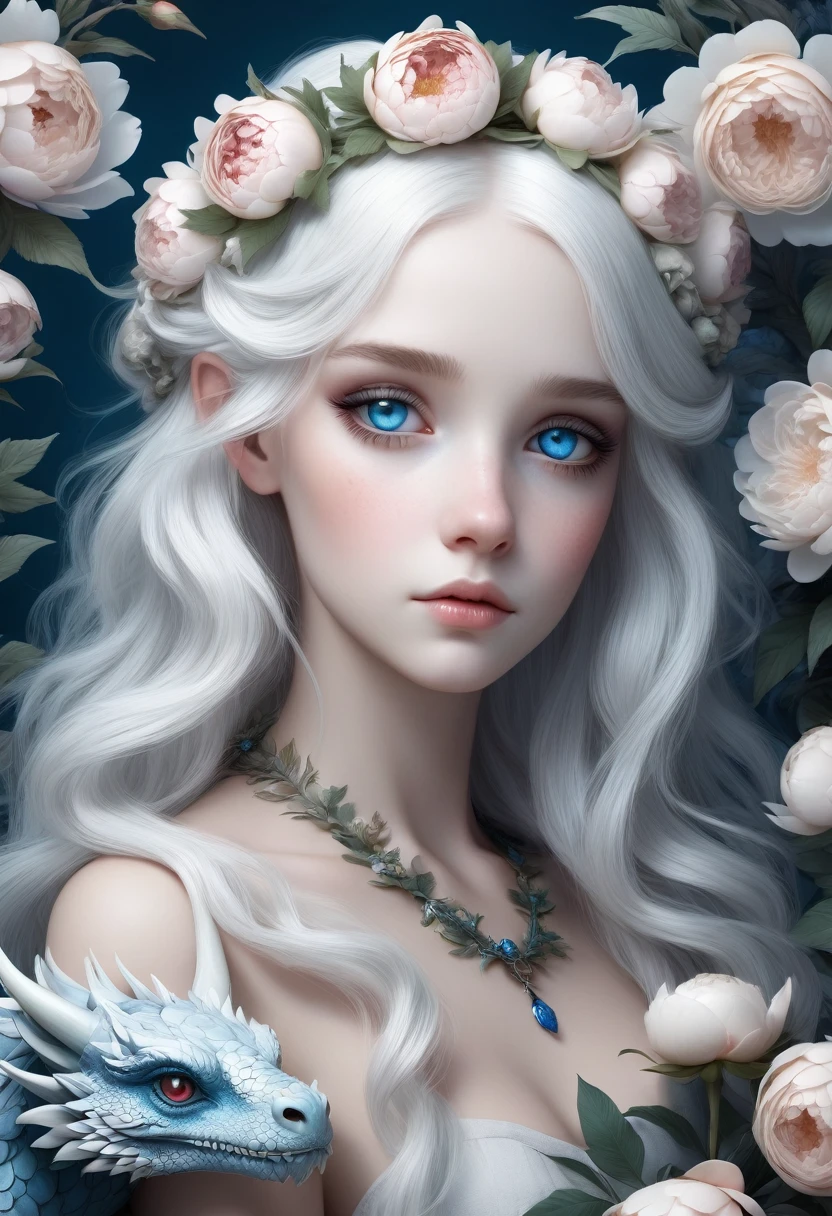 A melancholic and cute girl with a dragon, featuring very large realistic blue eyes. She has delicate white hair adorned with a wreath of peonies, roses, and leaves. The details are meticulously depicted, including scales, hair, eyes, and flowers. The scene exudes a blend of fantasy and surrealism. 3d