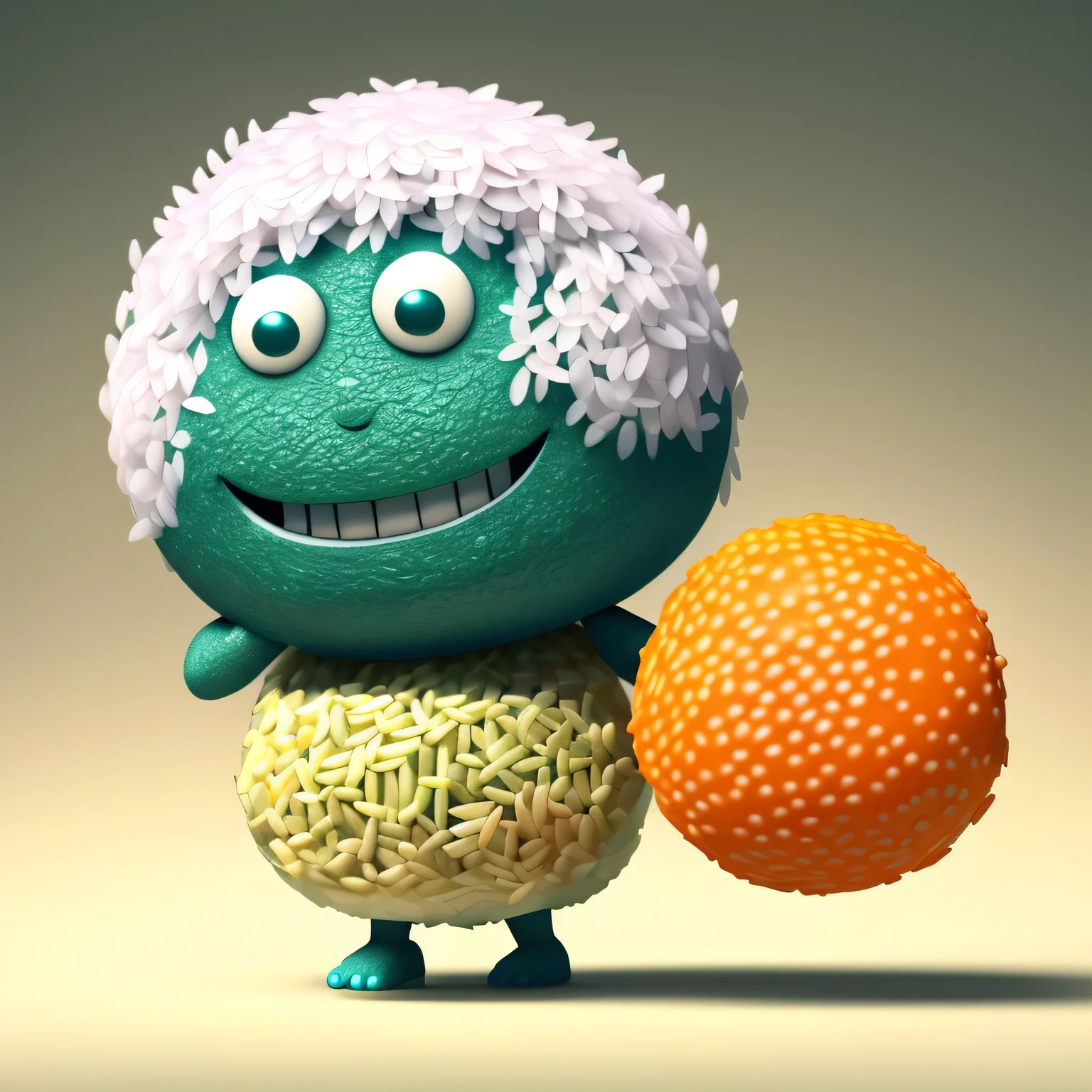 An adorable rice ball monster with seaweed wrapping, smiling and round, holding a rice ball in each hand. This cute character is designed in the style of Pixar, set against a simple Japanese background. --ar 1:1 --v 6.0 3D render