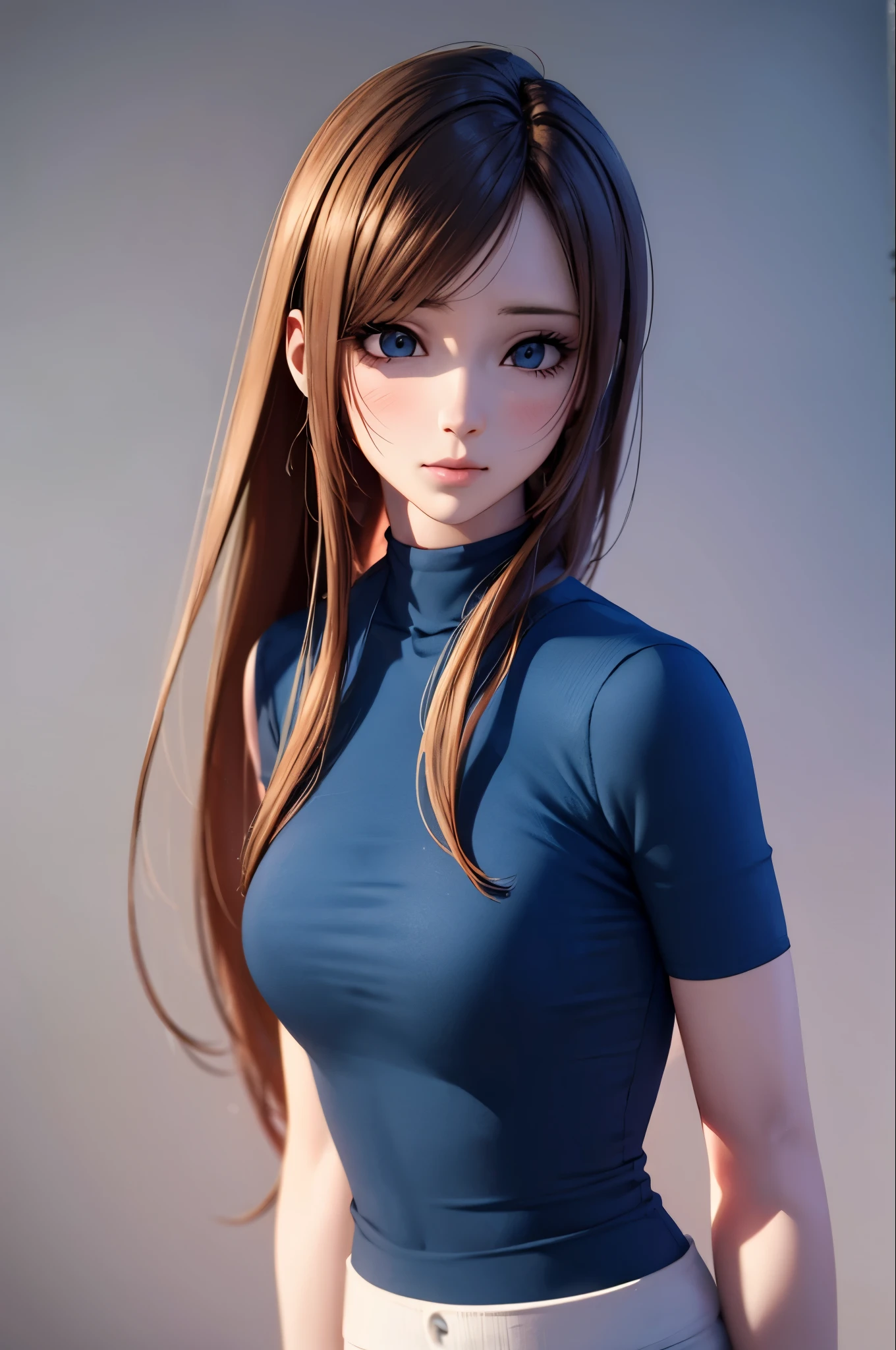 Anime girl with long hair and a blue shirt posing for a photo, Realistic Anime 3D Style, 3D Anime Real, Photorealistic Animation, Photorealistic Animation girl render, Smooth anime CG art, Anime Styled 3d, Realistic anime art style, Anime realism style, Anime Style. 8k, Realistic young anime girl, Cute 3D anime girl render