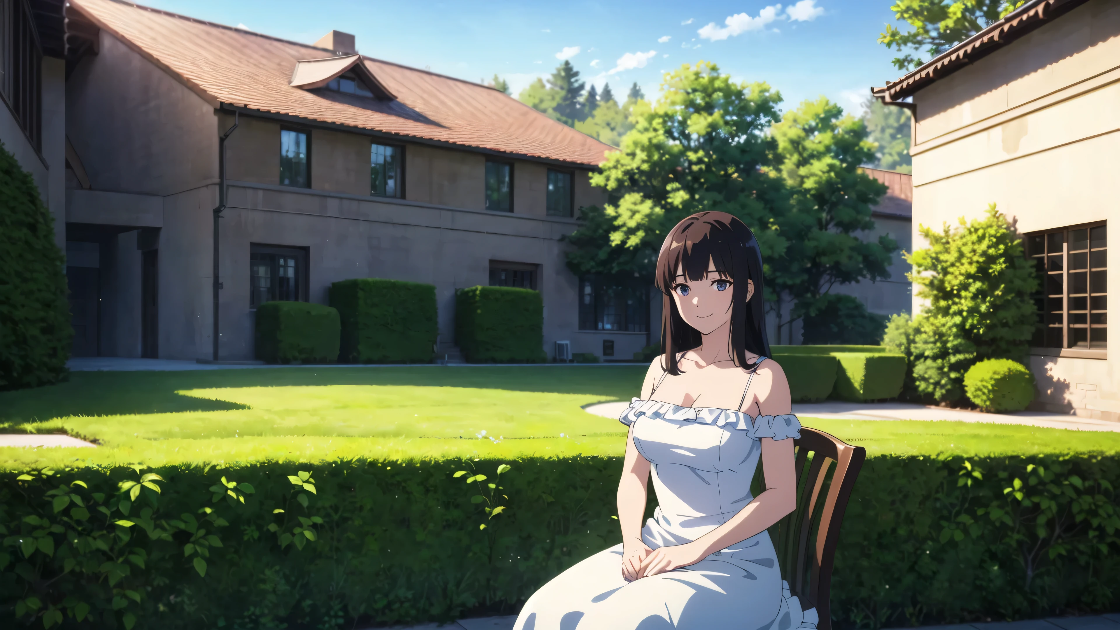 (In 8K, Ultra-high resolution, Best Quality, Masterpiece:1.2), (Realistic illustrations), (Highly Detailed CG Unity 8K Wallpaper), anime, (Beautiful girl playing piano in a large courtyard), feminine dress with frills, Detailed face, smile, plant,