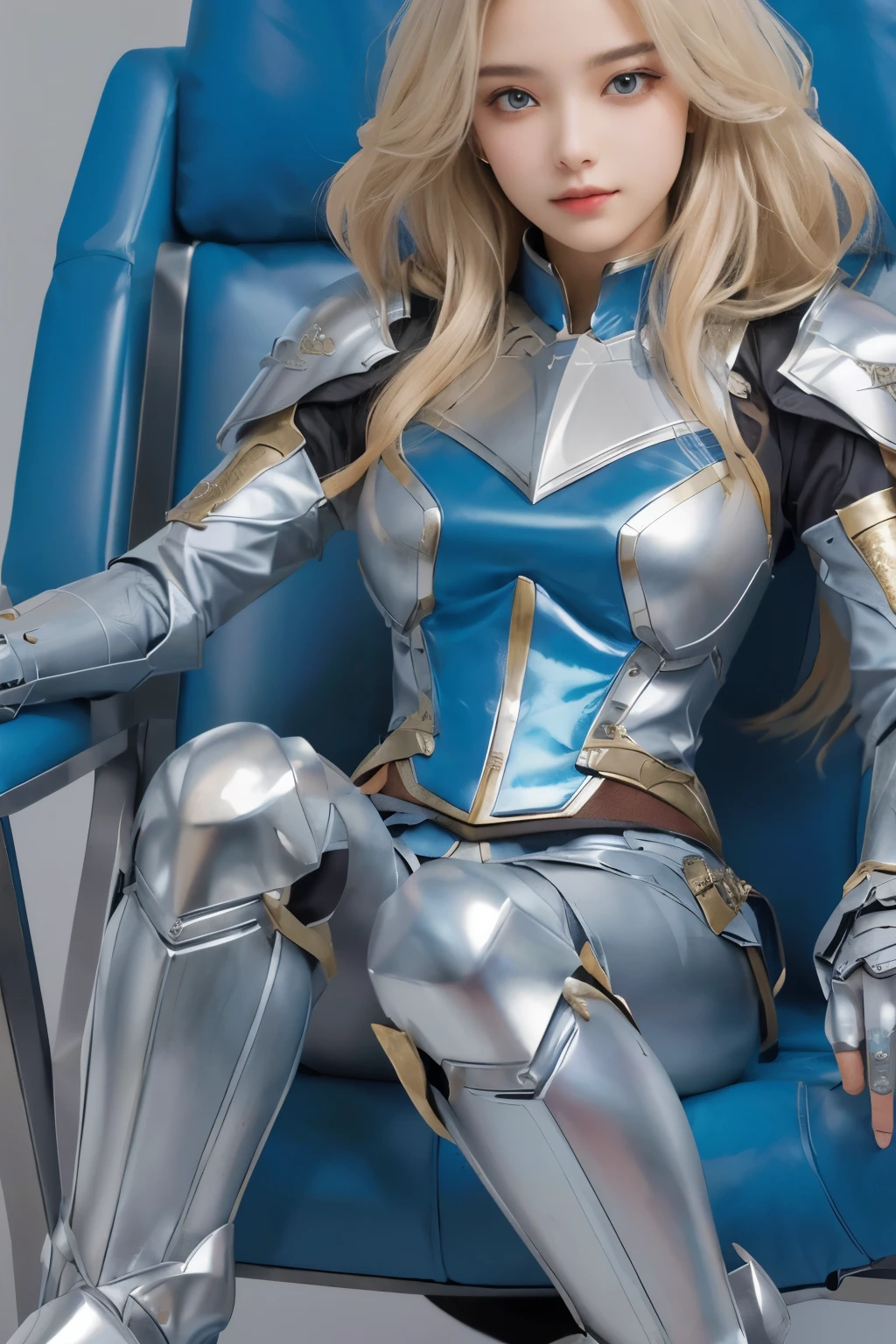 Arafe sitting in a chair wearing a sword and armor, shiny silver armor, Close-up shot, Girl in knight&#39;s armor, Same for the Zero Suit., Girl in Armor, Silver armor with light gold trim, Blue and ice silver armor, Dove Cameron in knight&#39;s armor, Shiny silver metal armor, Tight fitting silver armor, Photogenic details of armor, Medium close-up