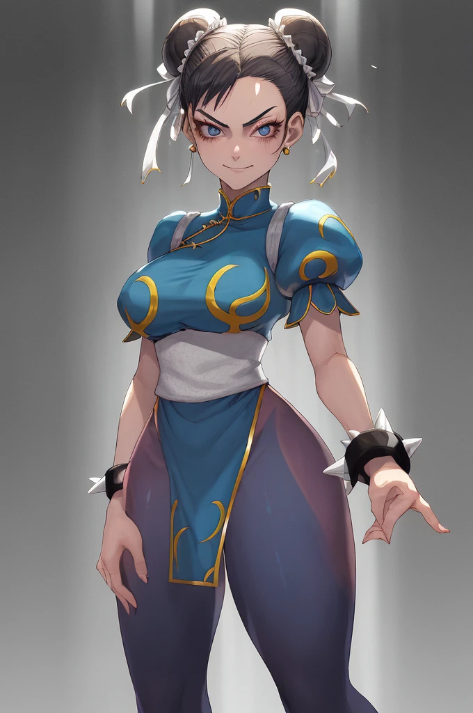 Juri Han,,visto de cima,olhando de cima,olhando para cima,melhor qualidade,roupa azul,chun-li,Sozinho, Obra de arte, melhor qualidade, agrias, gray sweater, collant preto, standing, olhando para o espectador, cabelo curto,os olhos,evil smile, olhar maligno,luvas preta,roupa azul,yandere rosto,poor lighting,coxa sarada copo detalhado,olhando para frente Juri Han,bela,mao detalhada