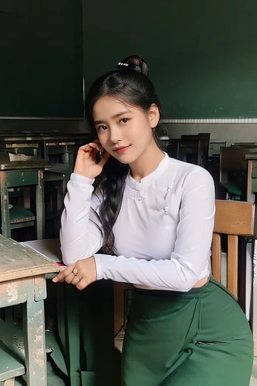 A school teacher is 30years old.Tall, thin, big hips, big breasts, black hair, small lips, brown eyes, attractive, K.Top=white Burmese blouse,With long sleeves,Buttoned at the side.Bottom=(Dark green) long skirt.
Footwear=female Burmese sandals,The hair is knotted bun.