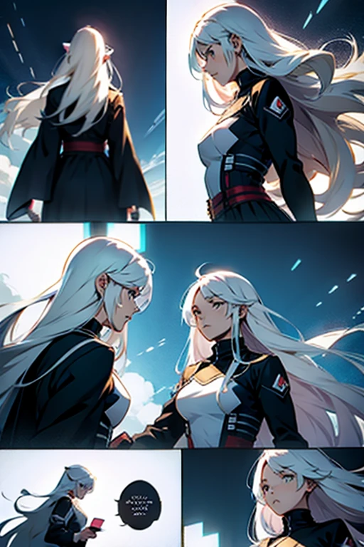 Girl with long white hair fighting mid air, manga page with panels and dialogue 