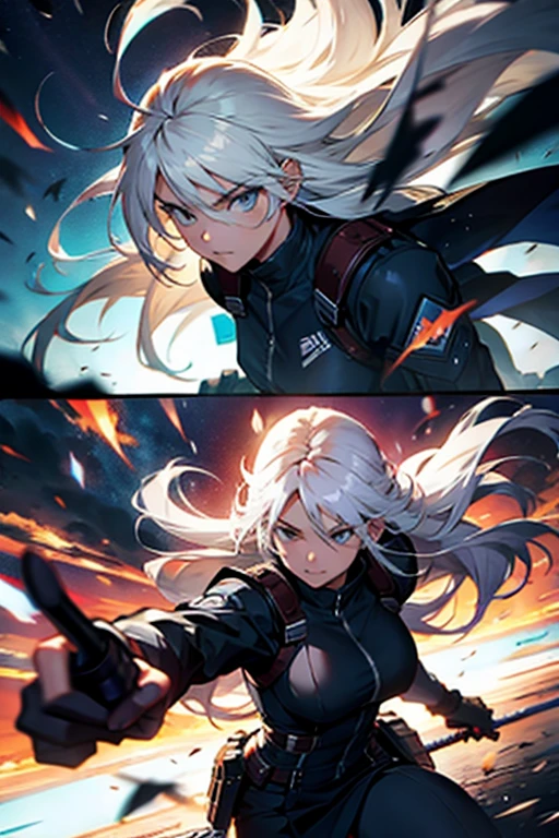 Girl with long white hair fighting mid air, manga page with panels and dialogue