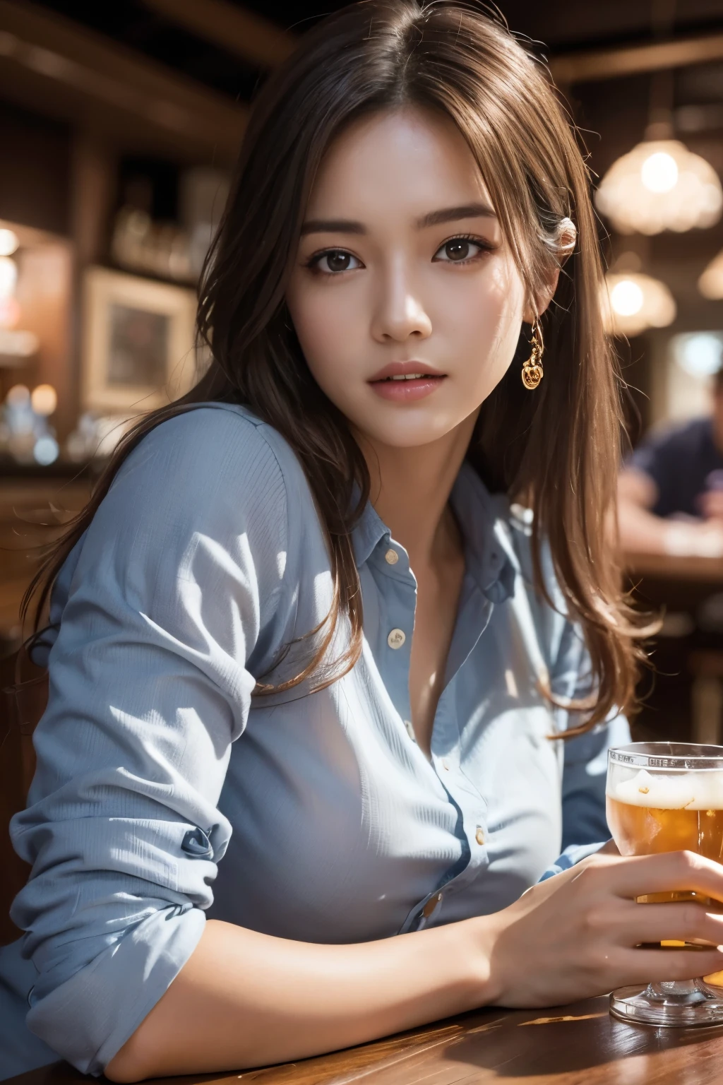 Tabletop, highest quality, Photorealistic, Super detailed, Fine details, High resolution, 8k wallpaper, One beautiful woman, Wear a casual shirt, At the pub, At night, Light brown messy hair, Perfect dynamic composition, Beautiful fine details