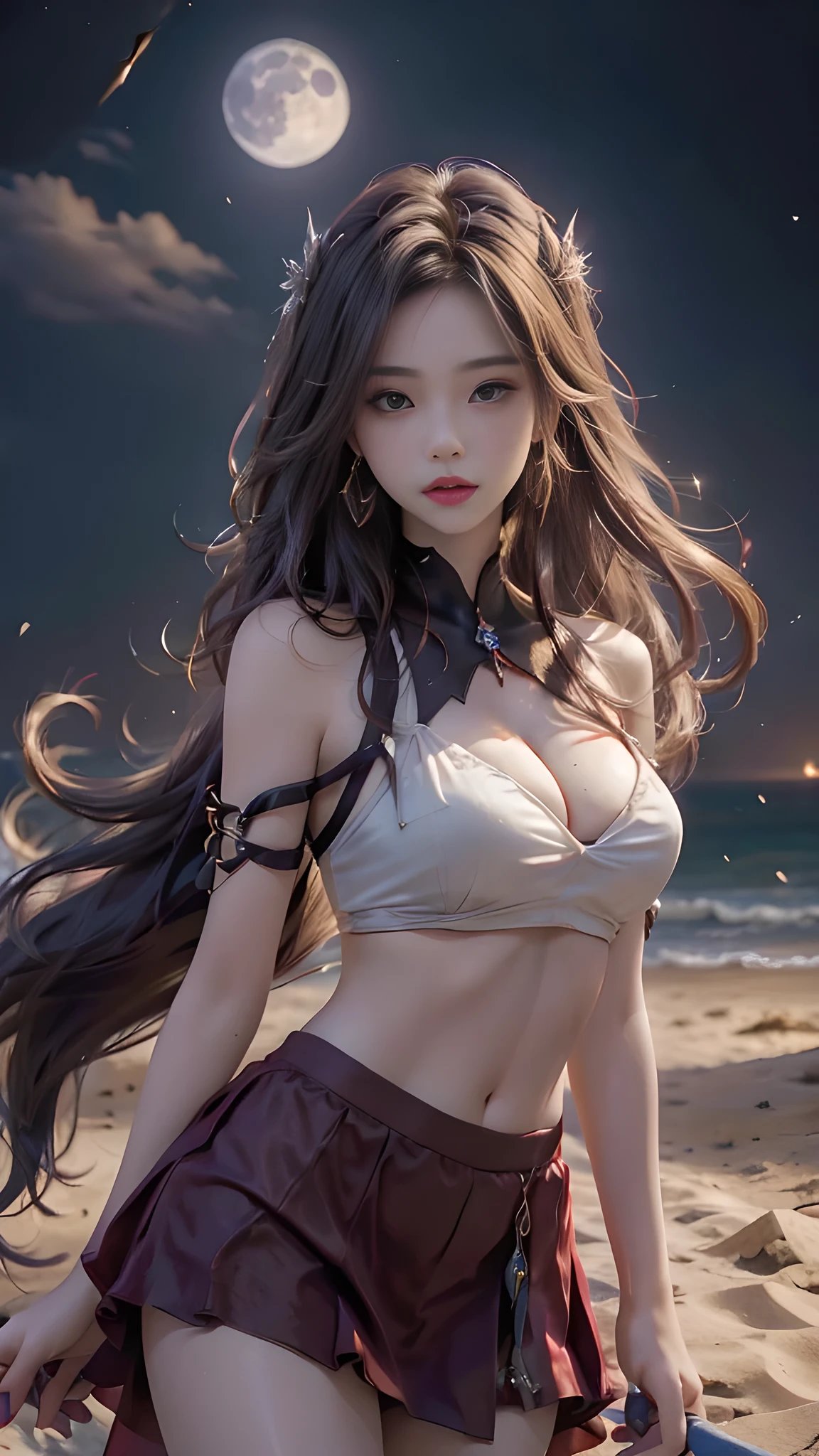 full hd 8k, Girl standing in front of a dark night scene, full moonlight reflecting on her beautiful face. Her long, silky hair was gently blown by the night wind, creating a gentle and romantic feeling. She is walking on a large beach. She looked up at the starry sky, as if searching for something, her eyes showing a pensive and lonely look. The full moon shines in the night sky creating a beautiful scene. The girl has long, silky hair, creating a luxurious and noble beauty. The moonlight shines on the girl's delicate face, highlighting her large, round light brown eyes, creating a natural, gentle beauty. She wore a little sexyly red skirt to create a sexy beauty. Her plumble breasts were exposed, revealing her plumble and extremely sexy breasts. These images capture detailed panoramic portraits and views of the sky and sea. All create a beautiful, wonderful picture that makes people unable to take their eyes off the scene. All of these details are depicted clearly and sharply, creating sexyly poses,