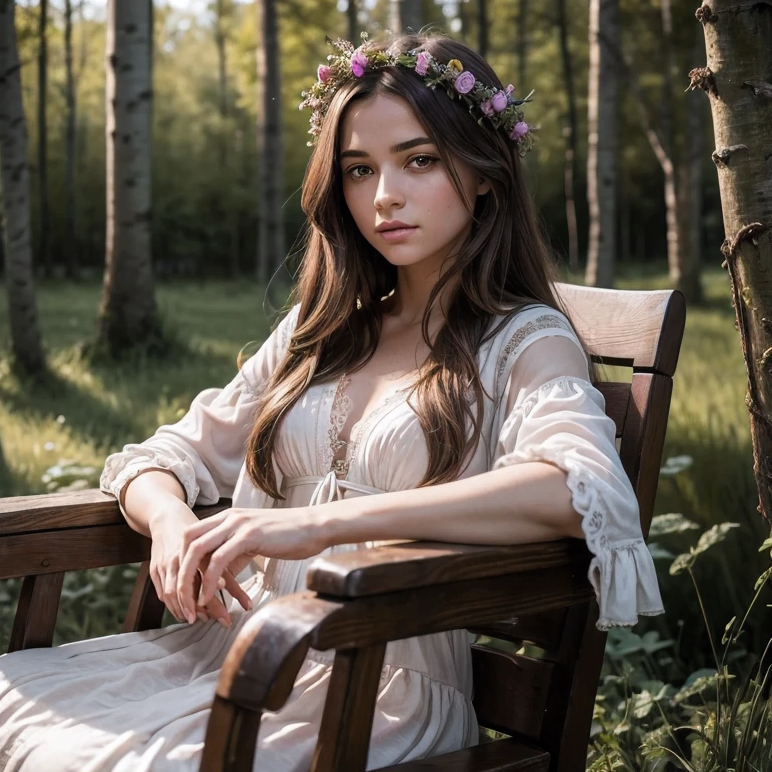 Masterpiece, Illustrate a scene featuring a young and enchanting girl seated in a rocking chair on a terrace, long brown hair, light hazel eyes, hi detailed face, ultra realistic face, ultra detailes eyes, 18 years old. The setting is a weathered wooden house adorned with clusters of dried grass, nestled on the tranquil banks of a river. Tall birch trees, vibrant flowers, and the mesmerizing touch of witchcore aesthetics complete this captivating tableau, 16K, ultra high res.photorealistic, HDR, UHD, DSLR, RAW, cinematic lighting