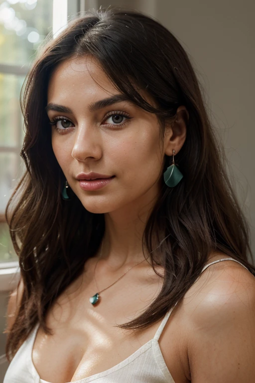 "Create an ultra-realistic image of an Italian woman in her early thirties with an athletic and well-maintained physique. Her long, black, wavy, voluminous hair should reach her shoulders. Her smooth, tanned skin should display visible natural imperfections. The blue eyes should be detailed with realistic reflections, well-defined eyelashes, and eyebrows. The lips should be full and natural, with a light gloss. The bust should be a generous size C, firm, and subtly visible. The face should convey a serene and slightly smiling expression, while the gaze should be seductive and mesmerizing. Utilize soft natural lighting from a side window, with delicate shadows adding depth to the face. The background should be blurred with a light bokeh and neutral colors. The clothing should be simple and neutral, with possible accessories including small and discreet earrings, and a thin necklace. Balance the colors to maintain natural and realistic tones, and perform minimal retouching to preserve the authenticity and naturalness of the image."