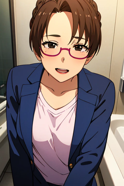 Young Latinos ((Ultra-realistic:1.2)), Wearing a navy blue lab coat and light pink pants、Laughing a lot, The bathroom is very bright, (Close-up), Bring your face closer, Digital SLR, 100 mm