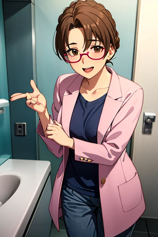 Young Latinos ((Ultra-realistic:1.2)), Wearing a navy blue lab coat and light pink pants、Laughing a lot, The bathroom is very bright, (Close-up), Bring your face closer, Digital SLR, 100 mm