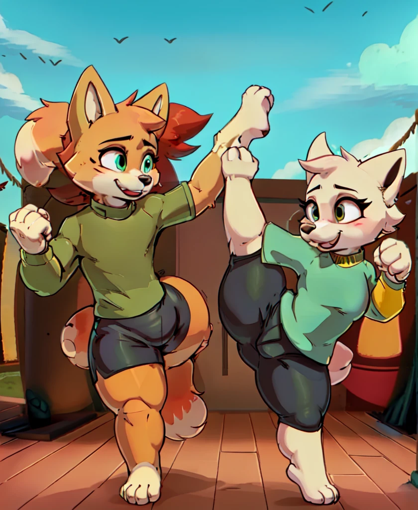 Anthro, female, fox.popvil, fox.popvil, wearing black shorts, turquoise Italy green shirt, has thick thighs, extremely detailed legs and thighs, kicking a heavy bag, kicking a punching bag, flying kick, jumping high, dynamic, barefoot, 4 toes