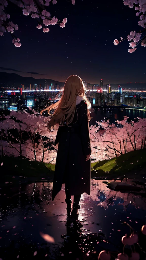 １people々々,Blonde long hair，Long coat，silhouette， Rear View，Space Sky, milky way, Anime Style, cherry blossoms，夜cherry blossoms，辺り一面に舞うcherry blossoms吹雪，Night view of the city from the mountainside，