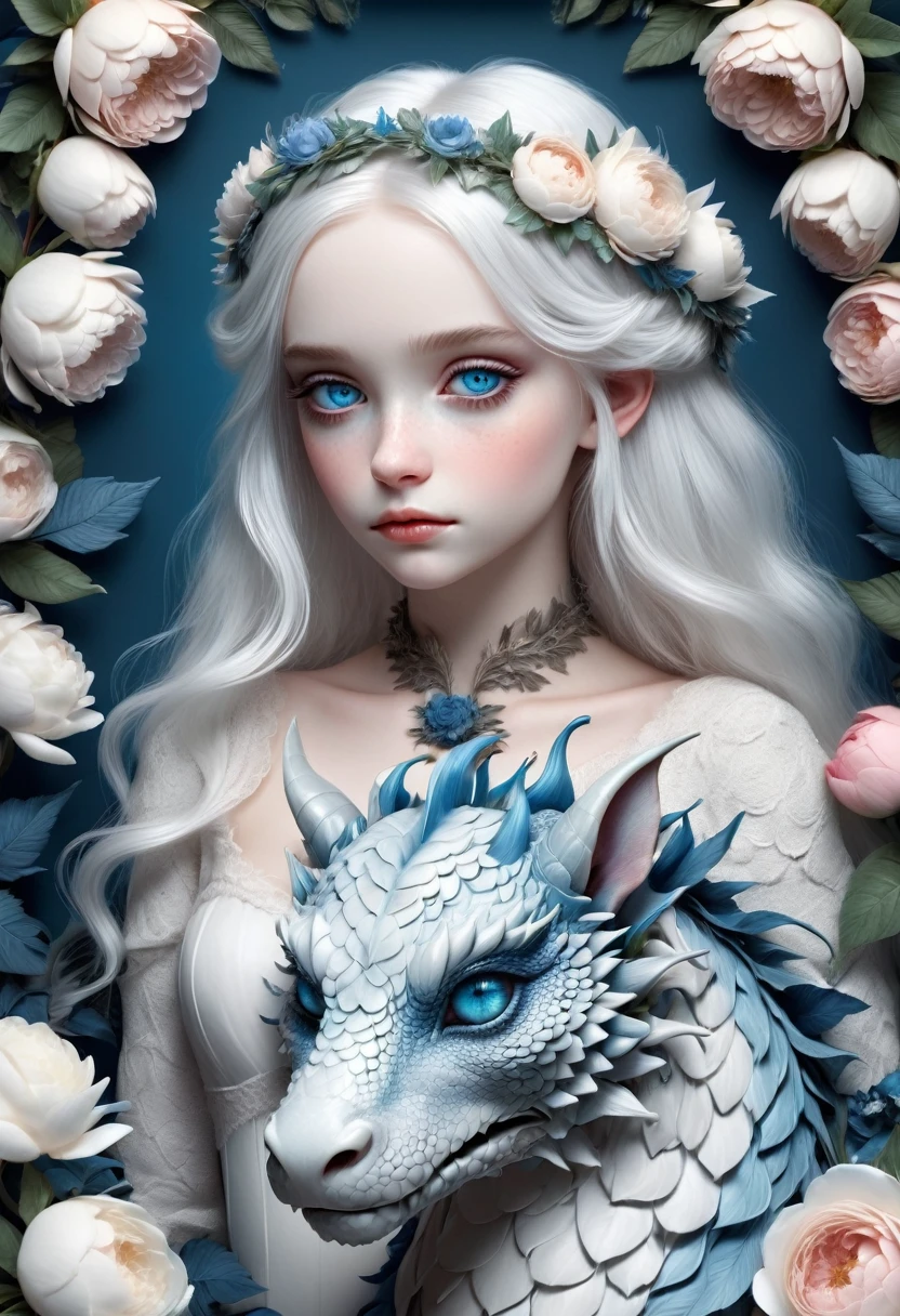 A melancholic and cute girl with a dragon, featuring very large realistic blue eyes. She has delicate white hair adorned with a wreath of peonies, roses, and leaves. The details are meticulously depicted, including scales, hair, eyes, and flowers. The scene exudes a blend of fantasy and surrealism. 3d