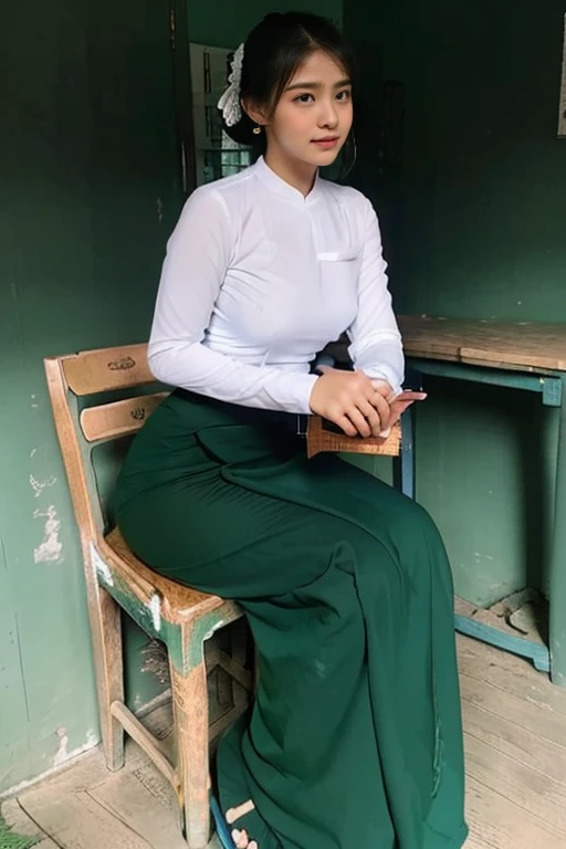 A school teacher is 30years old.Tall, thin, big hips, big breasts, black hair, small lips, brown eyes, attractive, K.Top=white Burmese blouse,With long sleeves,Buttoned at the side.Bottom=(Dark green) long skirt.
Footwear=female Burmese sandals,The hair is knotted bun.