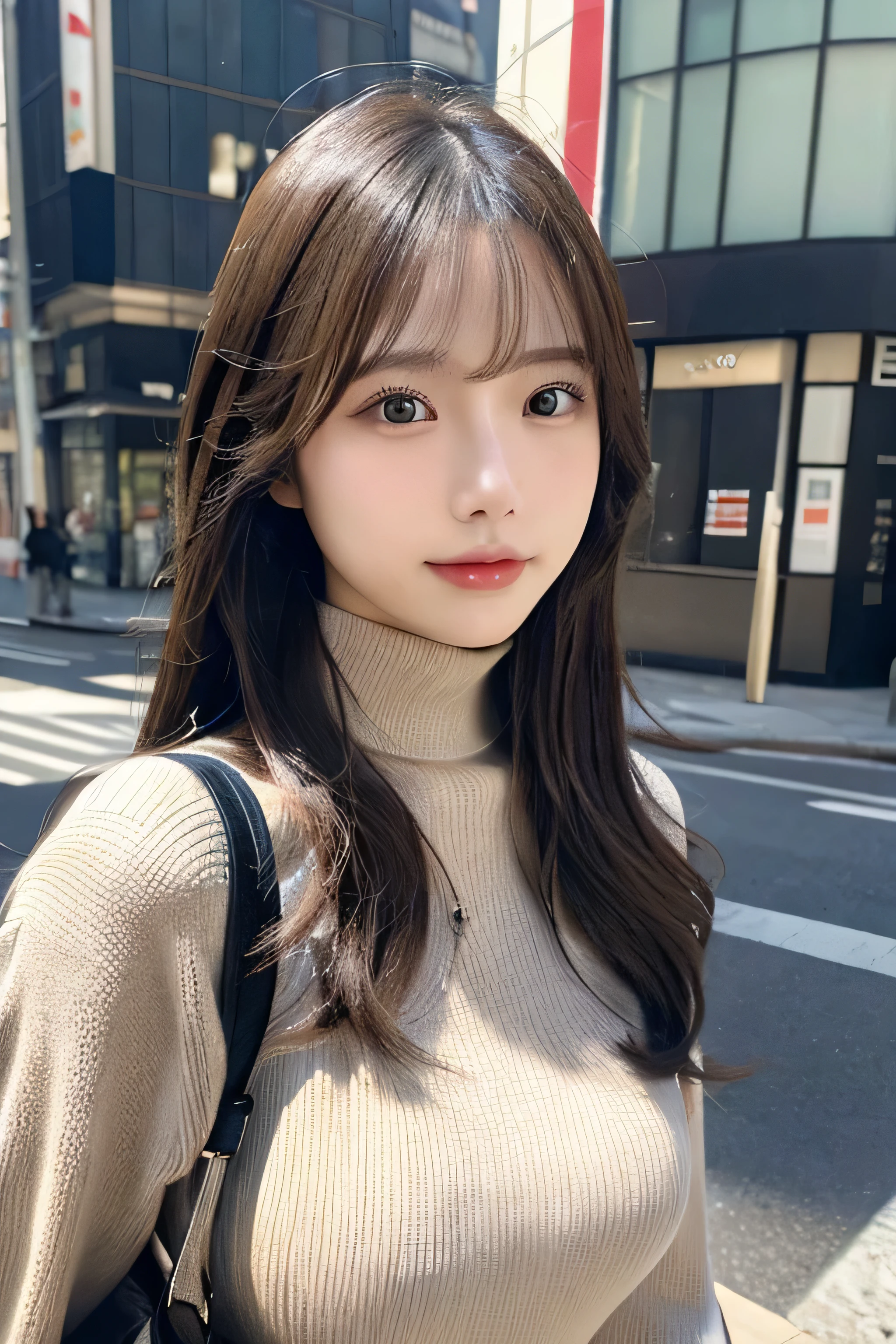 (Colossal tits、Turtleneck sweater、shoulder bags)、(top-quality,masterpiece:1.3,Ultra-high resolution,),(ultra - detailed,Caustics),(Reality:1.4,RAW shooting,)Hyper-realistic capture,A very detailed one,HD 16K human skin、 Natural skin texture、、Skin looks healthy、even skintone、 Use natural light and color,A woman who is,japanes,,kawaii,A brunette one,mid hair,(depth of fields、color difference、、Wide range of lighting、naturalshadow、)、(Hair swaying in the wind:1.2)、Streets of Tokyo、Large Breasts、