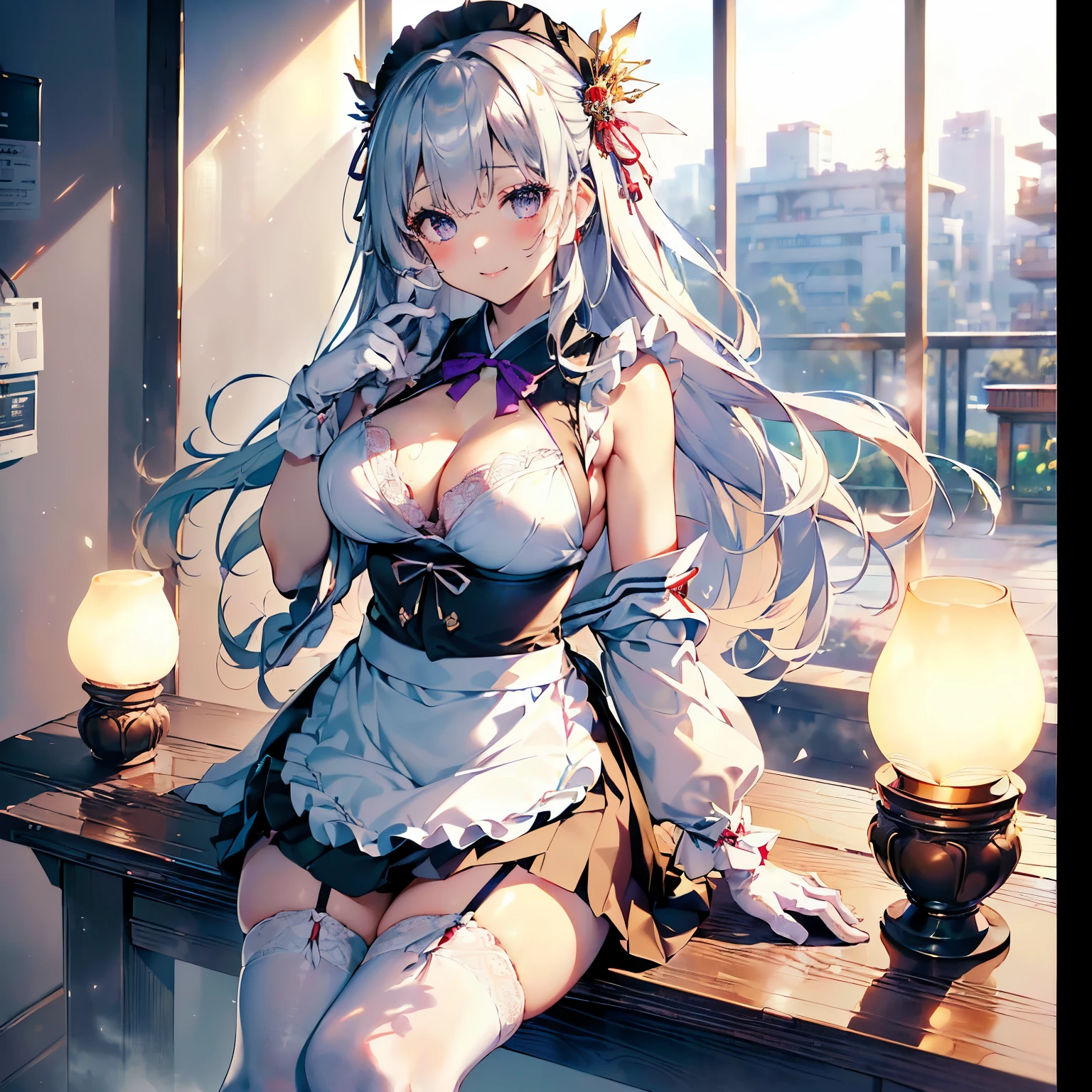 プリンセスのWhite gloves, Charm((()),(((Accentuate your :1.3))),(Dynamic Angle),(Dynamic and  bending pose:1.3),(Sit on a chair:1.3),(,Big ample ,Clothing gets messy due to movement, slip,(),(See-through bangs),、(((A white lace apron that shows your  from under your ...)))、blush with embarrassment、Dreamy eyes、A smile that captivates the viewer、(Looking Back:1.7)、Peeking into the photographer,Sweaty skin,Staring at the audience,(Professional Lighting),(8k,3D Images,Tabletop,最high quality,超High resolution出力画像,),(Ultra HD with Intricate Detail Picture Mode),Depth of written boundary,Beautiful Hands,Beautiful fingers,Detailed characteristics of the fingers,(Detailed hair features:1.7),Detailed  features,Detailed clothing features,Wearing long gloves(high quality, 8k, wallpaper 8k, Perfect quality, Very detailed) 、1 girl, , Long Hair　Dark Blonde, purple、White gloves, 　Gloss　 Big , Knee-high socks　Long socks((最high quality、High resolution、8k、masterpiece:1.3))、Dynamic Angle、The whole body is visible、wallpaper、、Unparalleled beauty、Ultimate beauty、 、Very detailedな顔、Delicate eyes、Laugh shyly、 Looks、(To  seduce)、Looking into the camera、Depth of written border、Particles of light、Side light、、Silver Hair、Shrine maiden、kimono、(The wind blows up my skirt、 .)、Open 、、、Knee socks、Thighs、slim、thin