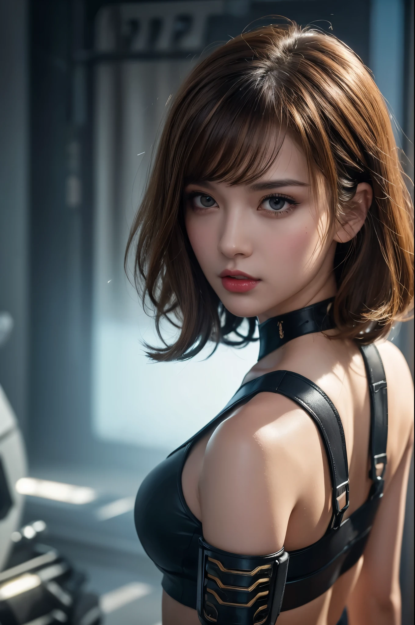 8k,Highly detailed illustration, Ultra-high resolution, masterpiece, highest quality, Perfect glowing skin, Perfect lighting, Detailed lighting, Dramatic Shadows, Ray Tracing, Beautiful Caucasian Woman, Looking at the audience, Small breasts, Beautifully detailed hazel eyes, Sharp Face, Clear Eyes, Red lips, Long bangs, Short Curly Hair, blonde, ((Cyberpunk Dark City)), Upper Body, Combat Uniform, Military Harness,masterpiece,highest qualityのフォトリアリスティックなRAW写真。Bright colors,Rich colors, Backlight, Cinema Lighting, Film Grain, to be born, 50mm lens, Nikon D850,Detailed character art,Fantasy art,Ultra-high resolution,Ultra-Realistic Skin,Perfect hand shape,Mountain trail,Sharp Eyes,